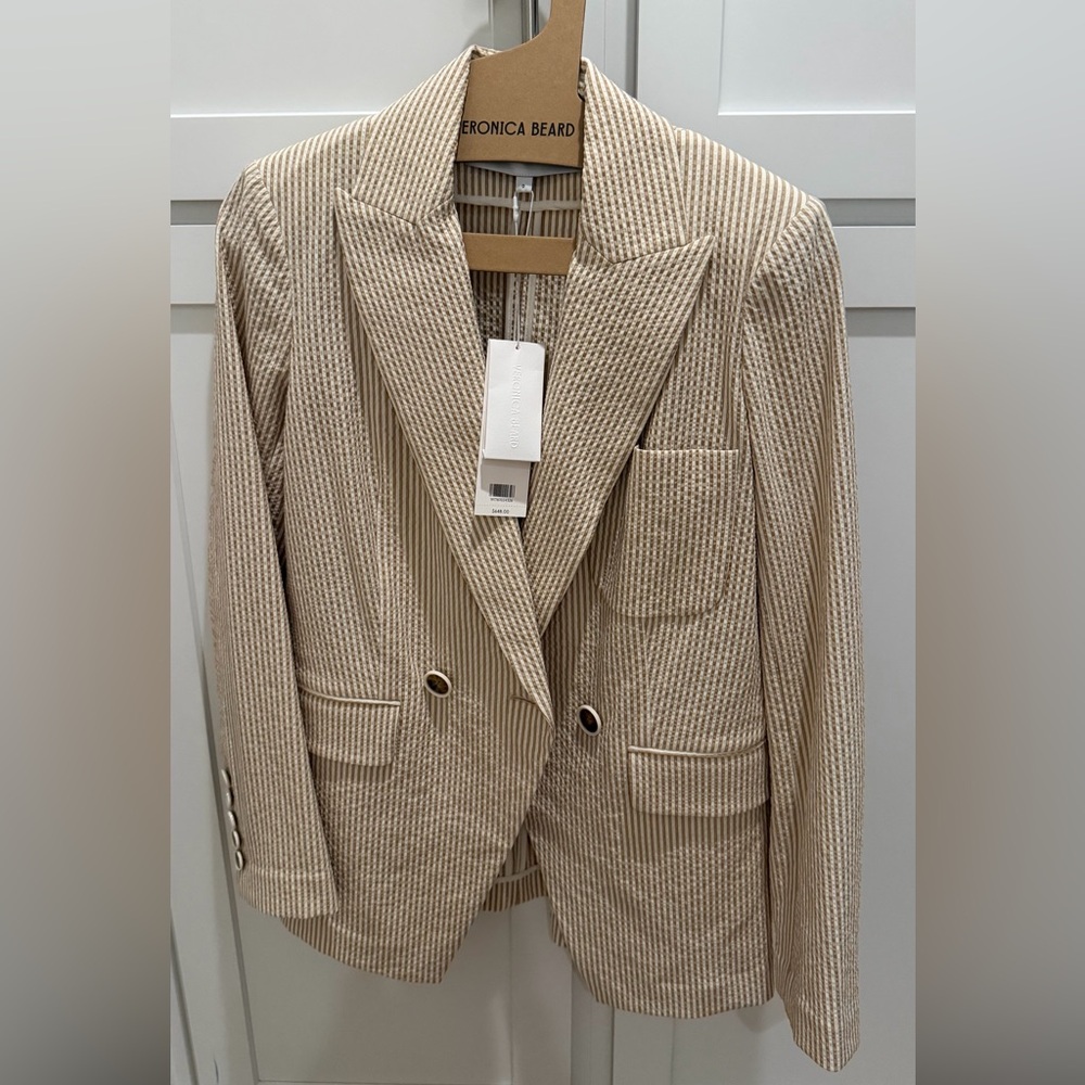 Veronica Beard Beige Striped Double-Breasted Blazer